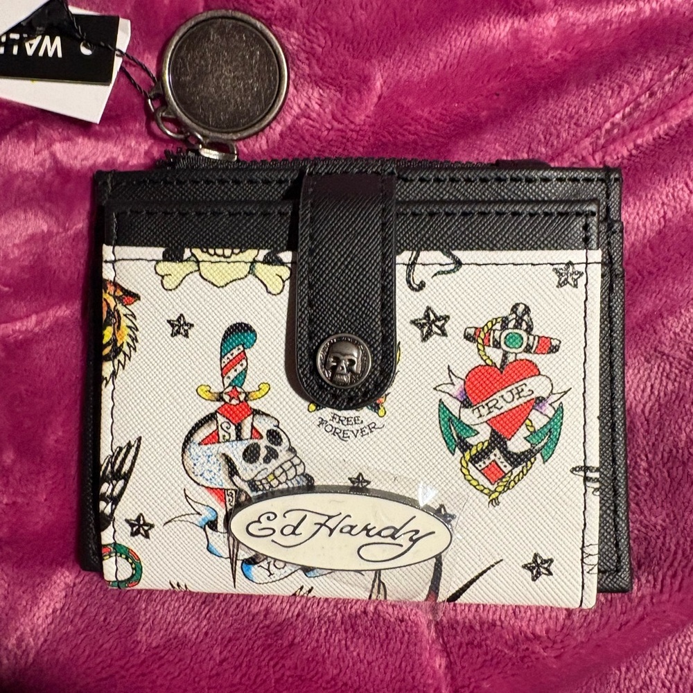 Ed Hardy Black and White Card Holder with Tattoo Graphics